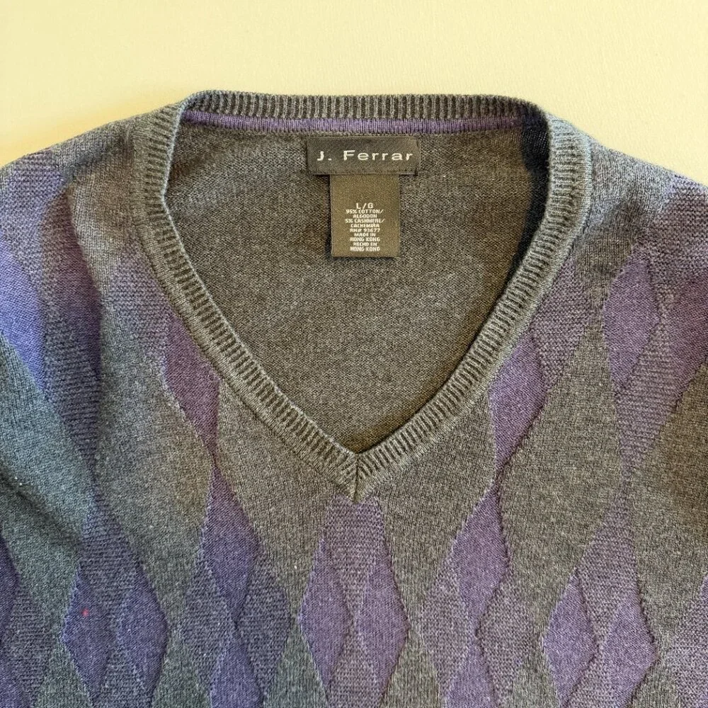 Vintage J FERRAR Cotton Cashmere V Neck Gray Purple Sweater Large